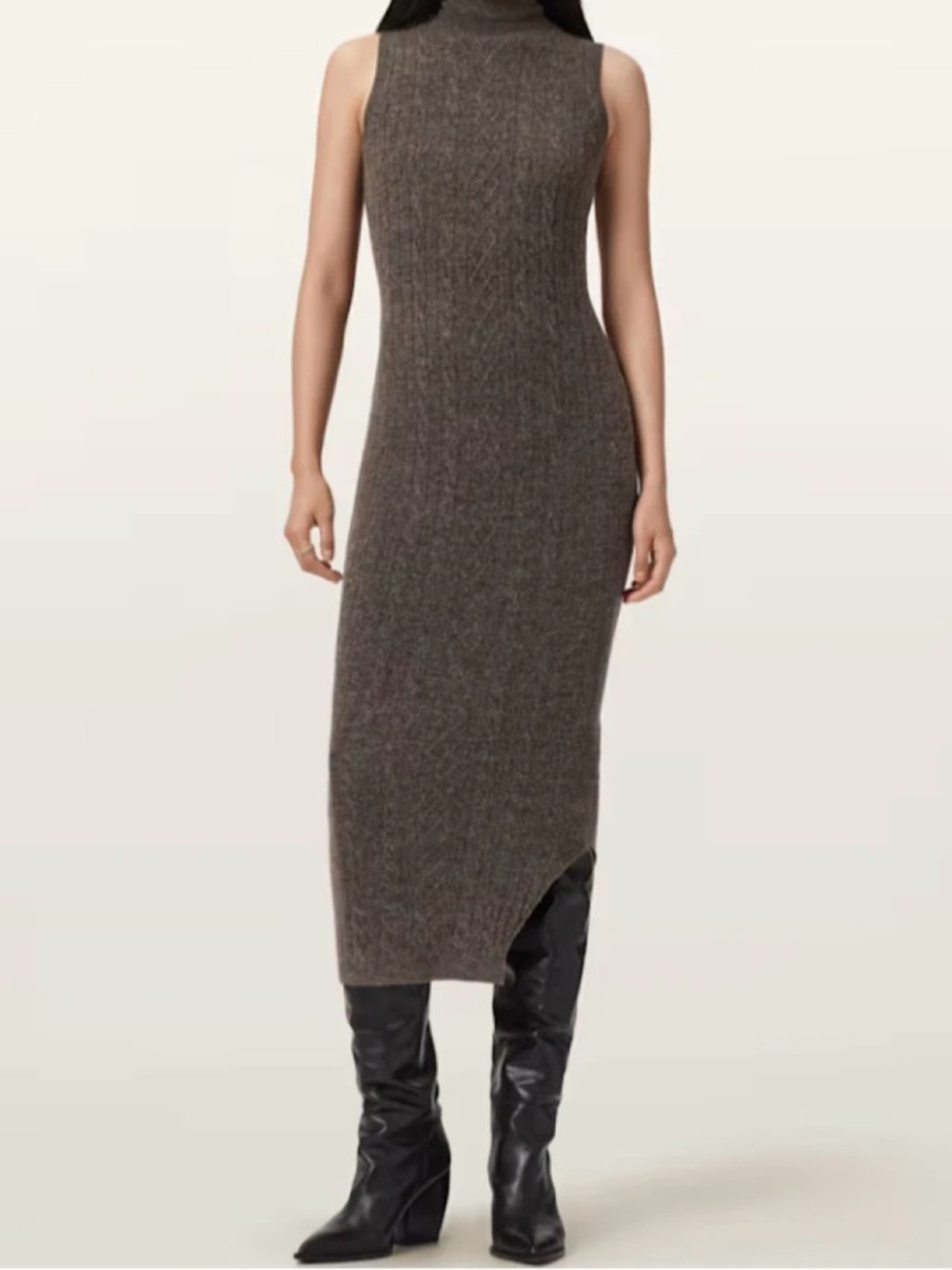 AllSaints Sleeveless Turtleneck Midi Dress in Heathered Brown